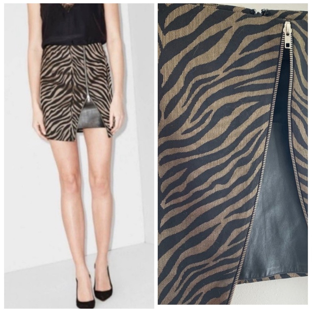 The Kooples Zebra Mini Skirt Womens 38 Black Gold Metallic Edgy Front Zip Skirt